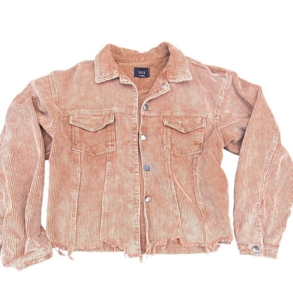 VICI Corduroy Button Front Jacket Brown Distressed Hem Cropped Size Small